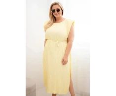 Plus Size midi suknelė su klostėmis ir surišimu ties juosmeniu, geltona