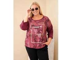 Plus Size moteriška palaidinė su raštu ir U formos iškirpte, slyvų spalvos