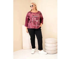 Plus Size moteriška palaidinė su raštu ir U formos iškirpte, slyvų spalvos