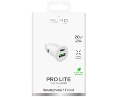 Puro Pro Lite Automobilinis įkroviklis 1x USB-A + 1x USB-C Power Delivery 20W - Baltas