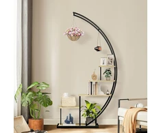 Ribelli metalinis 5 pakopų augalų stovas pusmėnulio formos, 172 cm, su MDF lentynomis ir kabliukais