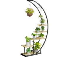 Ribelli metalinis 5 pakopų augalų stovas pusmėnulio formos, 172 cm, su MDF lentynomis ir kabliukais