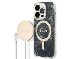 Apple iPhone 14 PRO Guess dėklas Marble MagSafe + Belaidis Įkroviklis (GUBPP13LH4EACSP) juodos spalvos