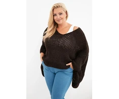 Rudas moteriškas oversize megztinis su V formos iškirpte ir ilgesne nugara