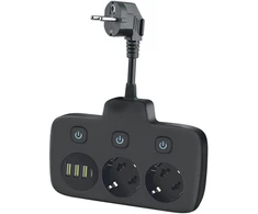 Šakotuvas LINEA FL, 2 kištukinių lizdų, 3xUSB-A, 1xUSB-C, su 3 jungikliais, juodas