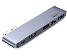 Šakotuvas Ugreen 60559 2x USB-C / USB-C PD (Thunderbolt 3, 100W, 4K 60 Hz, 10 Gbps) / HDMI 4K 30 Hz / 3x USB 3.0 skirtas MacBook Pro / Air - Pilkas