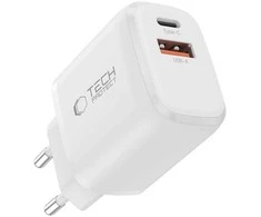 Tech-Protect NCA20 PD 20W QC3.0 USB-A / USB-C sieninis įkroviklis + USB-C / Lightning laidas 100 cm - Baltas