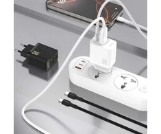 Dudao A26TCEU PD QC 25W GaN USB-A USB-C sieninis įkroviklis su USB-C laidu – baltas