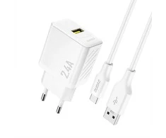 Dudao A23TEU 2.4A GaN USB-A sieninis įkroviklis su USB-A - USB-C laidu - Baltas