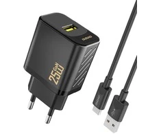 Dudao A27STEU 25W GaN USB-A sieninis įkroviklis su USB-A - USB-C laidu - Juodas