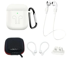 Silikoninių dėklų rinkinys AirPods 2 / AirPods 1 + dėklas / ausies kabliukas / kaklo dirželis / laikiklis laikrodžio apyrankei / karabinas - Baltas