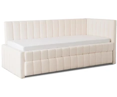 Sofa Minkšta lova 90x200 cm VILLEMO dvigulė su rėmu, sulankstoma, jaunystės kreminės spalvos bukle