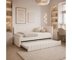Sofa Minkšta lova 90x200 cm VILLEMO dvigulė su rėmu, sulankstoma, jaunystės kreminės spalvos bukle