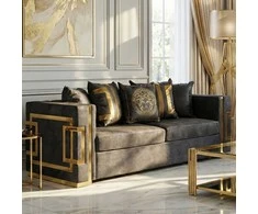 PALLAZO 3S Trivietė sofa, juoda/auksinė, aksominė, modernus žavesys