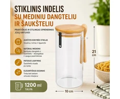 Stiklinis indas su mediniu dangteliu ir šaukšteliu