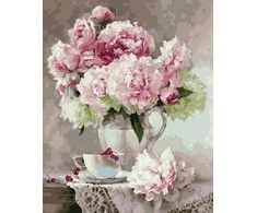 Tapyba pagal skaičius Bijūnų puokštė ir arbatos natiurmortas, 40 × 50 cm