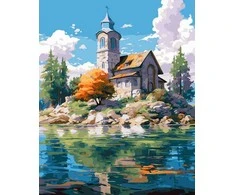 Tapyba pagal skaičius Ežero pakrantės akmeninės bažnyčios atspindys 40 × 50 cm
