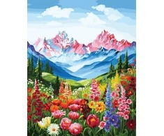 Tapyba pagal skaičius — Gėlės ir kalnų vaizdas, 40 × 50 cm
