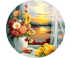 Tapyba pagal skaičius „Gėlės prie lango saulėlydžio metu“ 40 × 40 cm