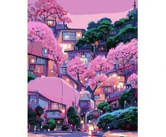 Tapyba pagal skaičius Japoniškas miestelis vyšnių žieduose 40 × 50 cm