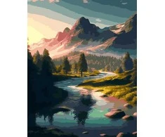 Tapyba pagal skaičius Kalnų upė saulėlydžio metu, 40 × 50 cm