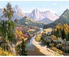 Tapyba pagal skaičius Kalnų upės slėnio kraštovaizdis 40 × 50 cm