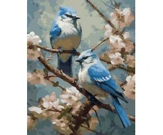 Tapyba pagal skaičius Mėlynieji paukščiai ant vyšnių žiedų, 40 × 50 cm