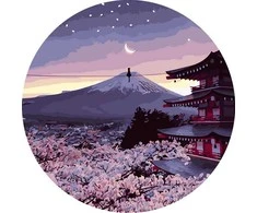 Tapyba pagal skaičius „Mėnulio apšviesta sakura ir Fudžio kalnas“ 40×40 cm