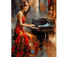 Tapyba pagal skaičius — moteris grojanti pianinu, raudona suknelė, 40 × 50 cm