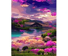 Tapyba pagal skaičius Rožinis kalnų slėnis su upe, 40 × 50 cm