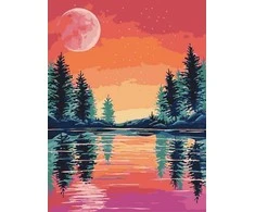 Tapyba pagal skaičius Rožinis mėnulis virš miško ežero 30 × 40 cm