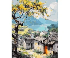 Tapyba pagal skaičius Rudens kaimas prie ežero 40 × 50 cm