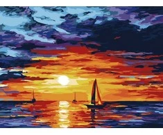 Tapyba pagal skaičius Ugningas saulėlydis su burlaiviais 30 × 40 cm