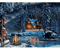 Tapyba pagal skaičius Žiemos namelis prie laužo 30 × 40 cm