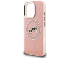 Telefono dėklas iPhone 16 Pro Karl Lagerfeld IML Glitter Karl &amp; Choupette Heads Logo MagSafe, rožinis