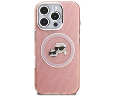 Telefono dėklas iPhone 16 Pro Karl Lagerfeld IML Glitter Karl &amp; Choupette Heads Logo MagSafe, rožinis