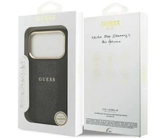 GUESS dėklas, skirtas IPHONE 17 Pro, suderinamas su MagSafe GUHMP17LPG4SEMCK (PU su 4G juostele), juodas