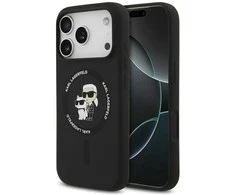 Telefono dėklas iPhone 17 Pro juodas silikoninis MagSafe Karl Lagerfeld