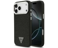 Dėklas Guess Glitter Triangle Logo MagSafe skirtas Apple iPhone 17 Pro Max juodos spalvos