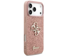 Guess PU Fixed Glitter 4G Metal Logo dėklas skirtas Apple iPhone 17 Pro Max rožinės spalvos