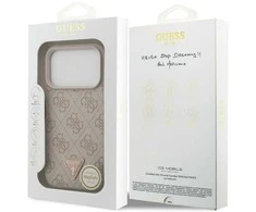 Guess Leather 4G Triangle Strass MagSafe dėklas Apple iPhone 17 Pro rožinės spalvos