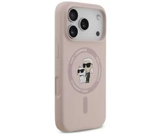 Karl Lagerfeld Liquid Silicone Karl and Choupette MagSafe dėklas skirtas Apple iPhone 17 Pro rožinės spalvos