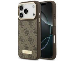 Guess 4G Logo Plate MagSafe dėklas Apple iPhone 17 Pro rudos spalvos