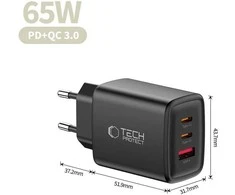 Tech-Protect NCA65W-GAN 3-PORT laidinis įkroviklis PD 65W / QC3.0 juodos spalvos