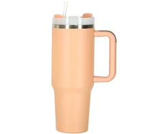Termo puodelis su šiaudeliu ir rankenėle, 1200 ml talpos, pudros rožinės spalvos.