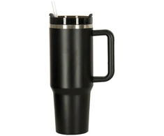 Termo puodelis su šiaudeliu ir rankenėle, 1200 ml talpos juodas termosas.