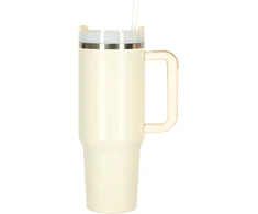 Termo puodelis su šiaudeliu ir rankenėle, 1200 ml talpos, kreminės spalvos termosas.