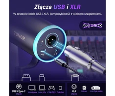 TONOR dinaminis XLR/USB mikrofonas su aukšto profilio stovu, RGB apšvietimu ir triukšmo slopinimu TD520S+
