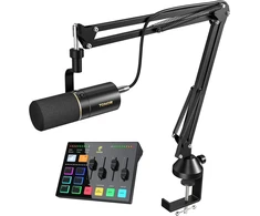 TONOR podcastų įrašų rinkinys su XLR mikrofonu, audio sąsaja ir RGB efektų mikseriu E7