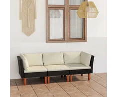 Trivietė sodo sofa su pagalvėlėmis, juodos spalvos, poliratanas